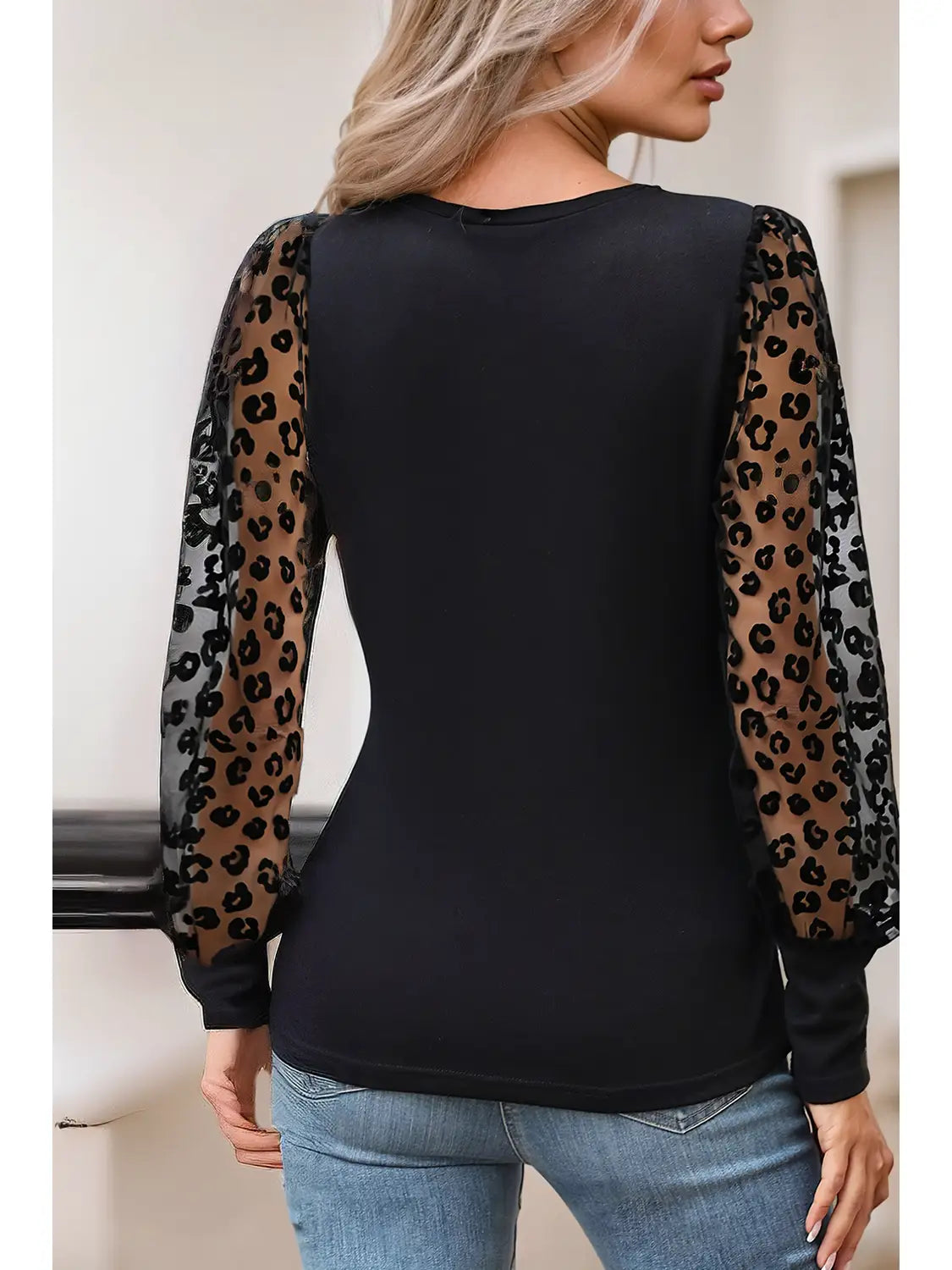 Black Sheer Animal Print Sleeve Top
