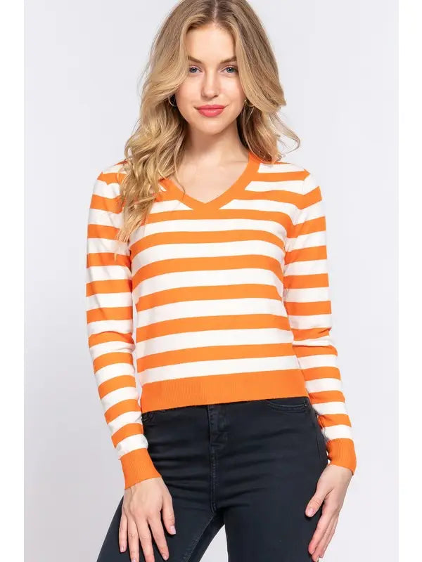 Orange and White Stripe V Neck Sweater