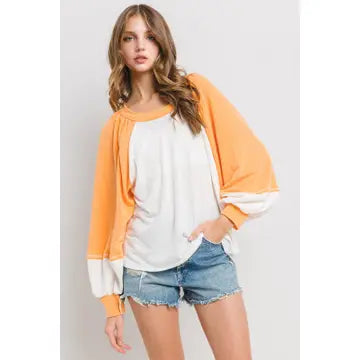 Orange and White Lantern Sleeve Knit Top