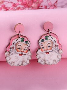 Pink Wooden Santa Earrings