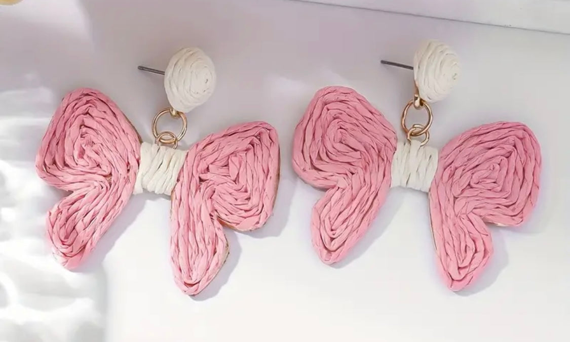 Pink Rattan Bow Earrings