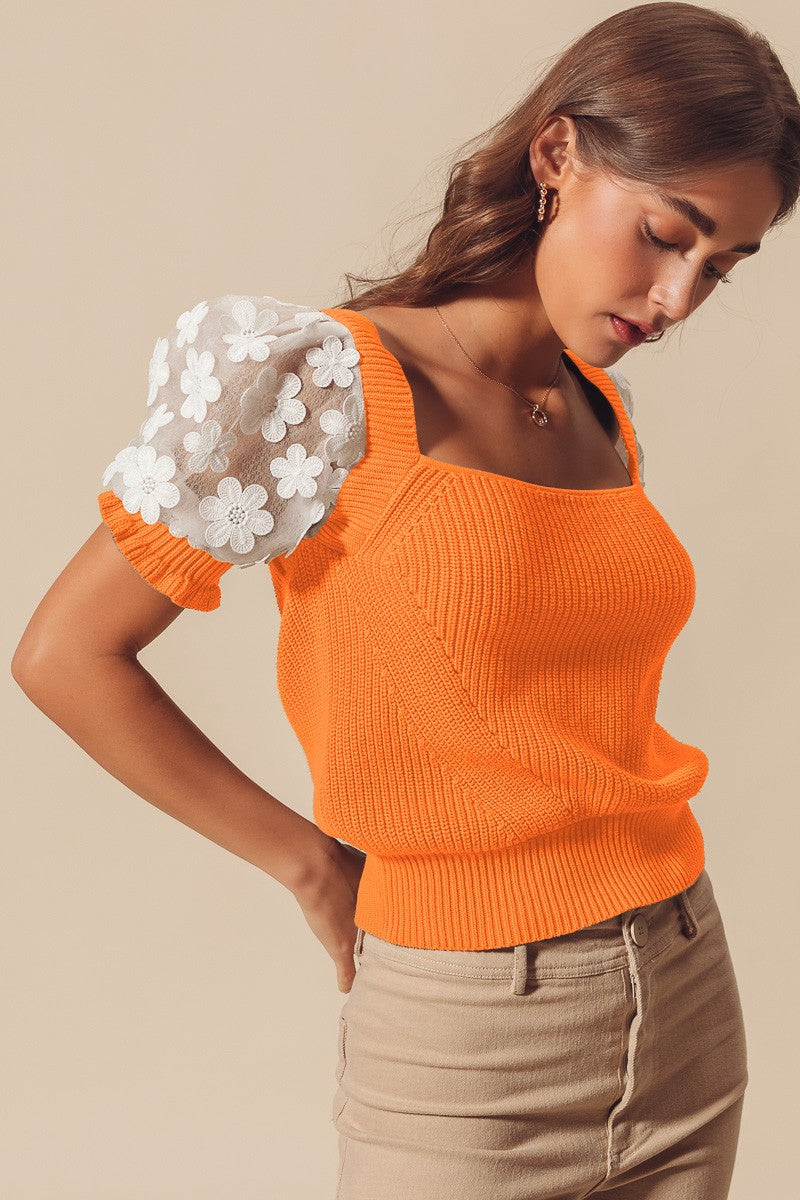 Big Orange Flower Sleeve Top