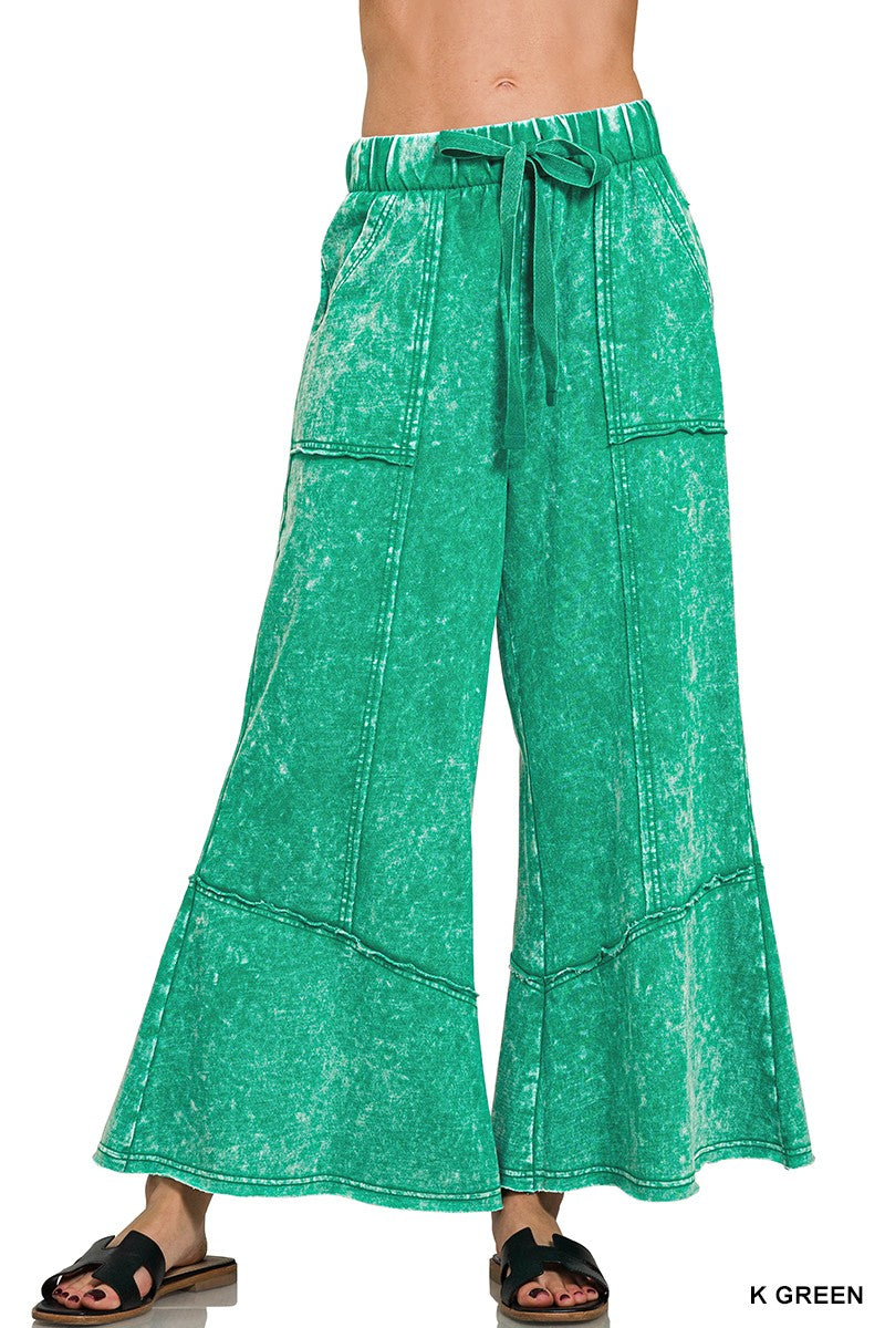 Green Acid Washed Exposed Seam Flare Pants