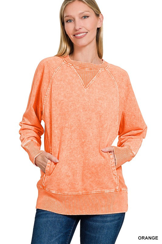 Orange Snow Washed Sweatshirt With Pockets