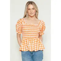 Orange Check Smocked Top