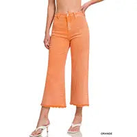 Orange Cropped Frayed Hem Jeans