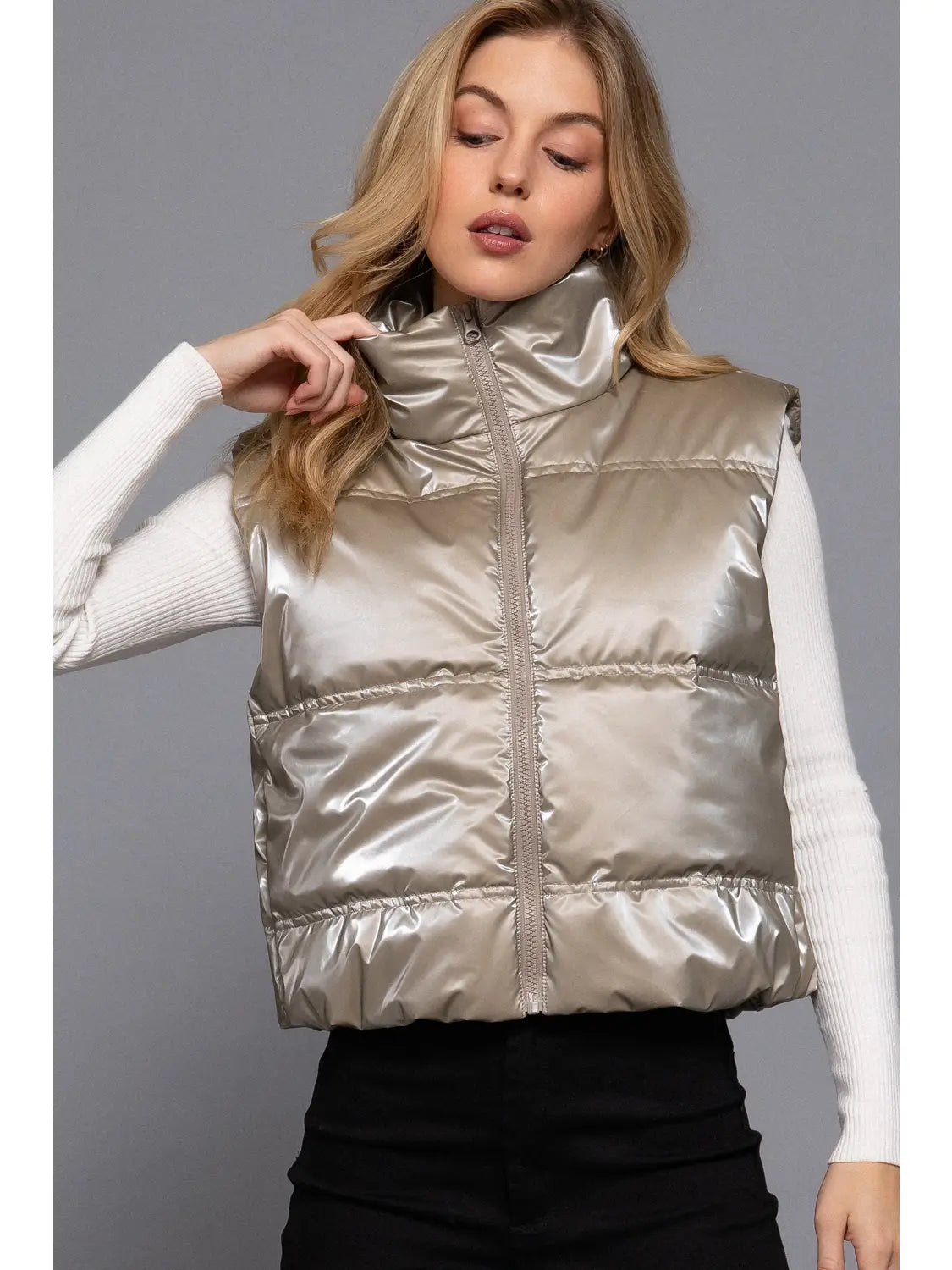 Shiny Taupe Puffer Vest