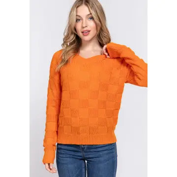 Orange V Neck Textured Sweater