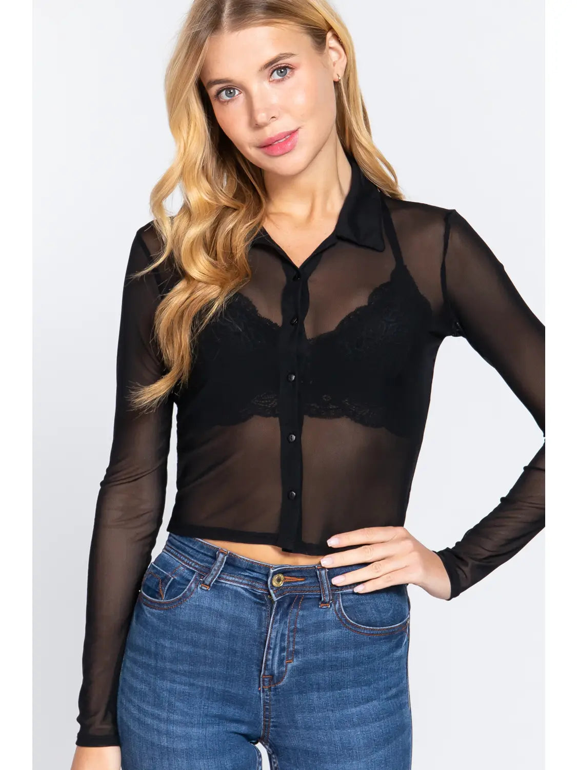 Black Button Down Mesh Top