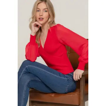 Red Chiffon Sleeve Sweater