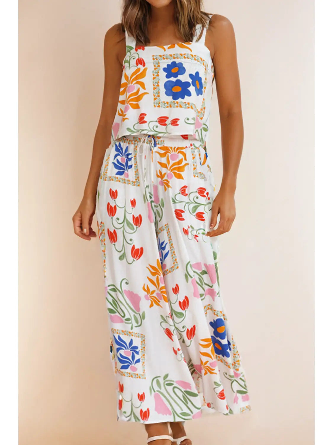 Square Neck Floral Pattern Tank and Pant Set