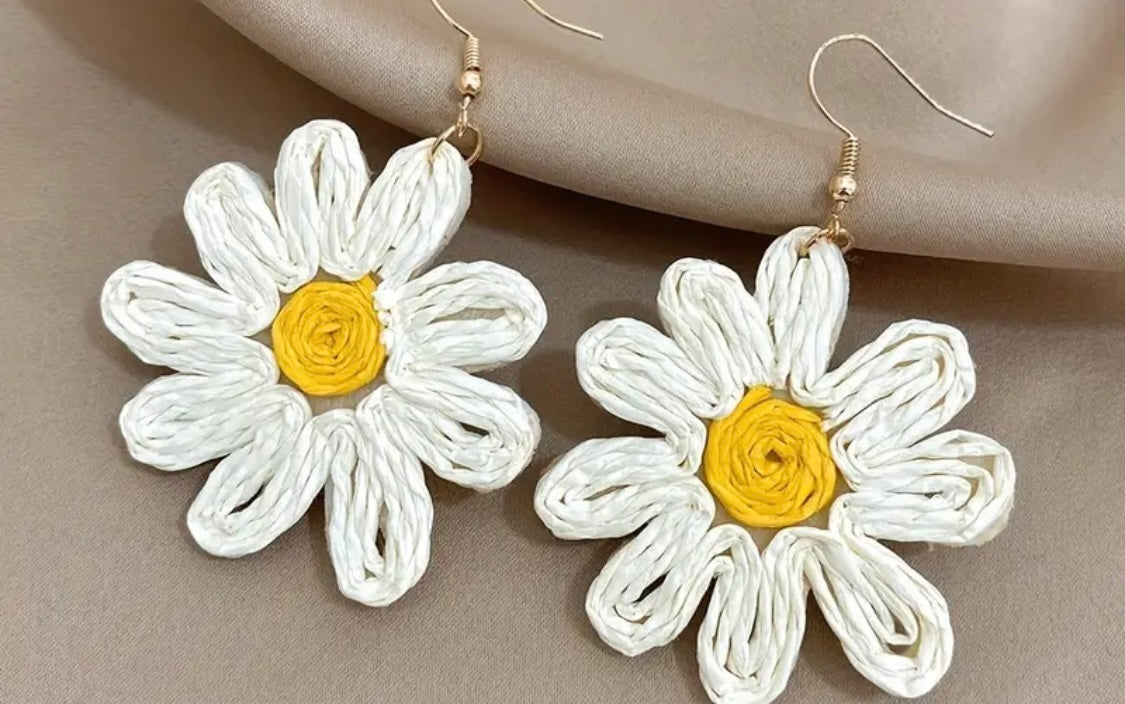 White Daisy Rattan Earrings