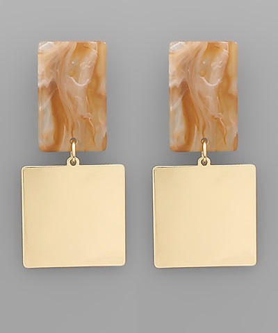 Brown Flat Square Dangle Earrings
