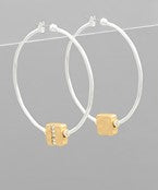 Silver Pave Square Accent Circle Hoops