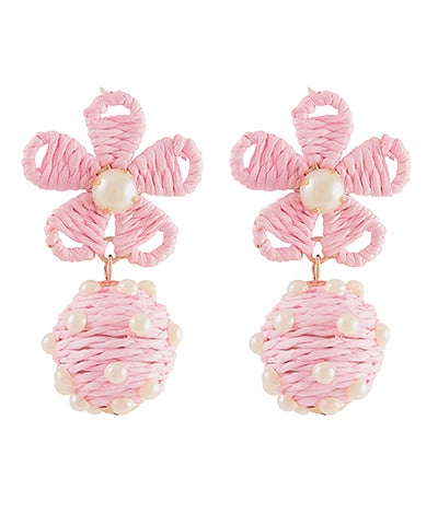Pink Raffia Flower Earrings