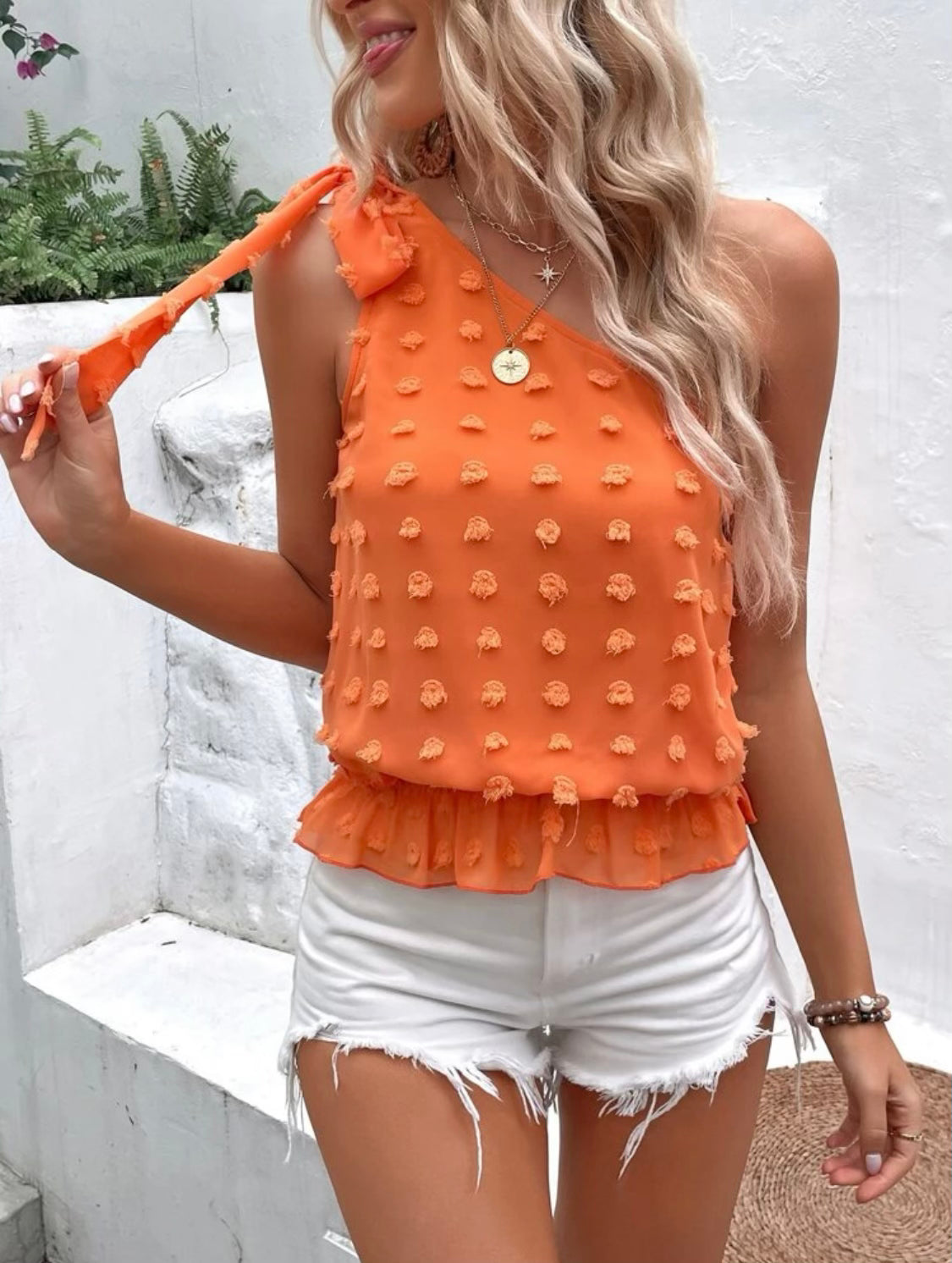 Orange Off Shoulder Dotted Swiss Top