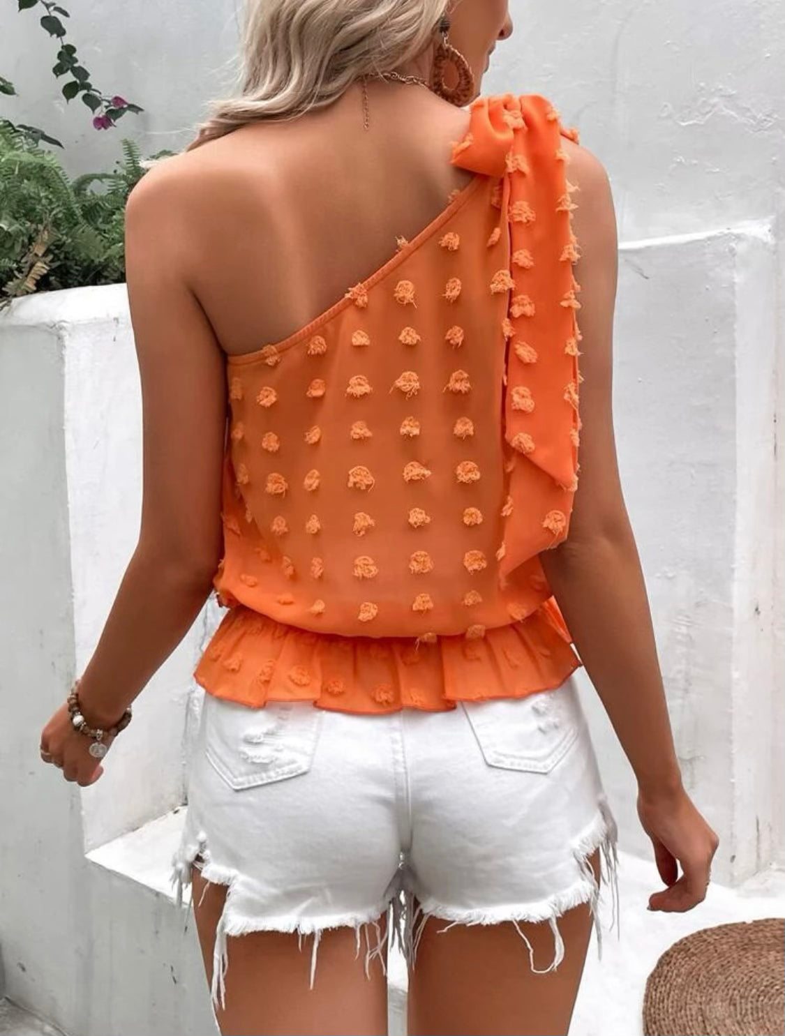 Orange Off Shoulder Dotted Swiss Top