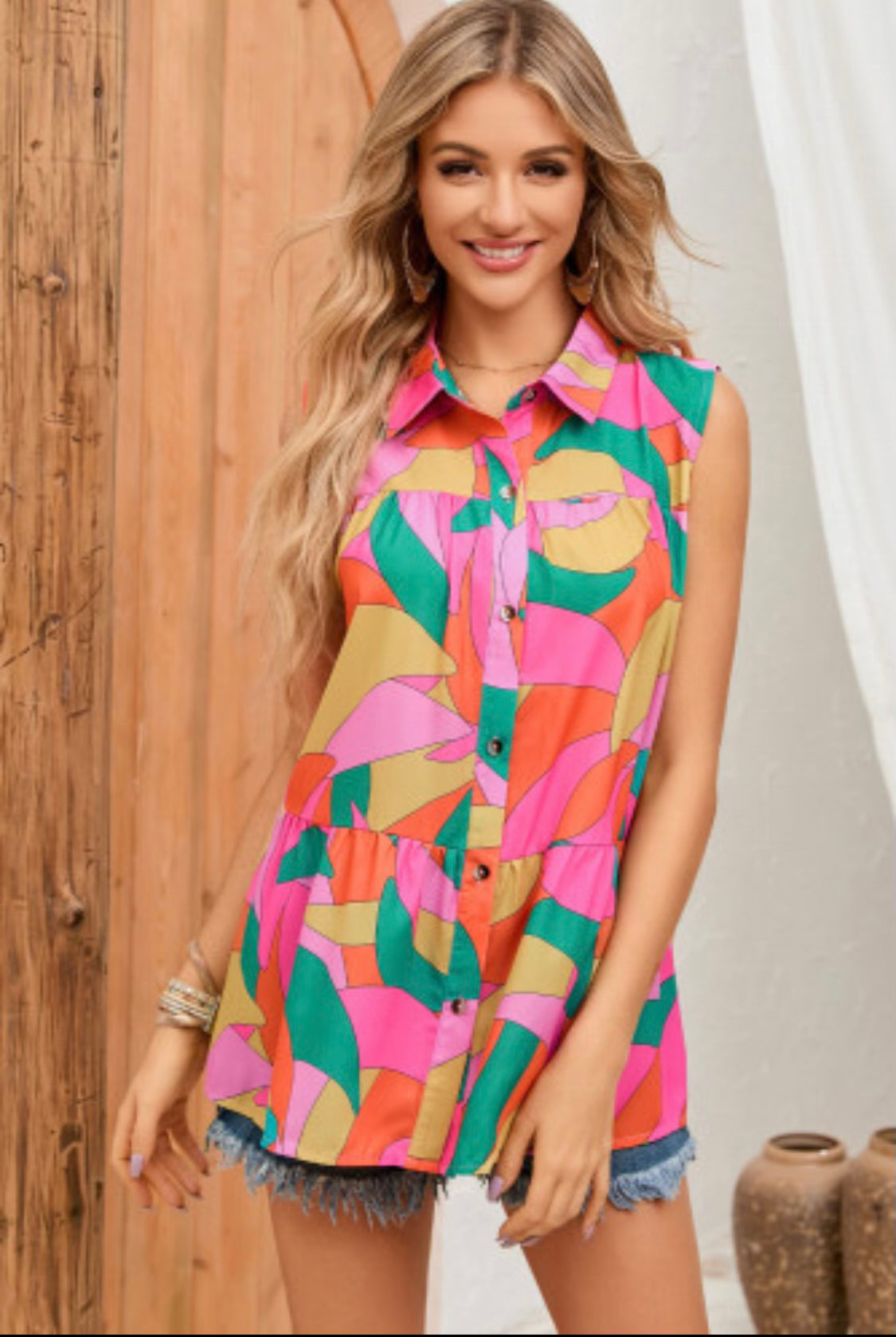 Multicolor Sleeveless Button Top