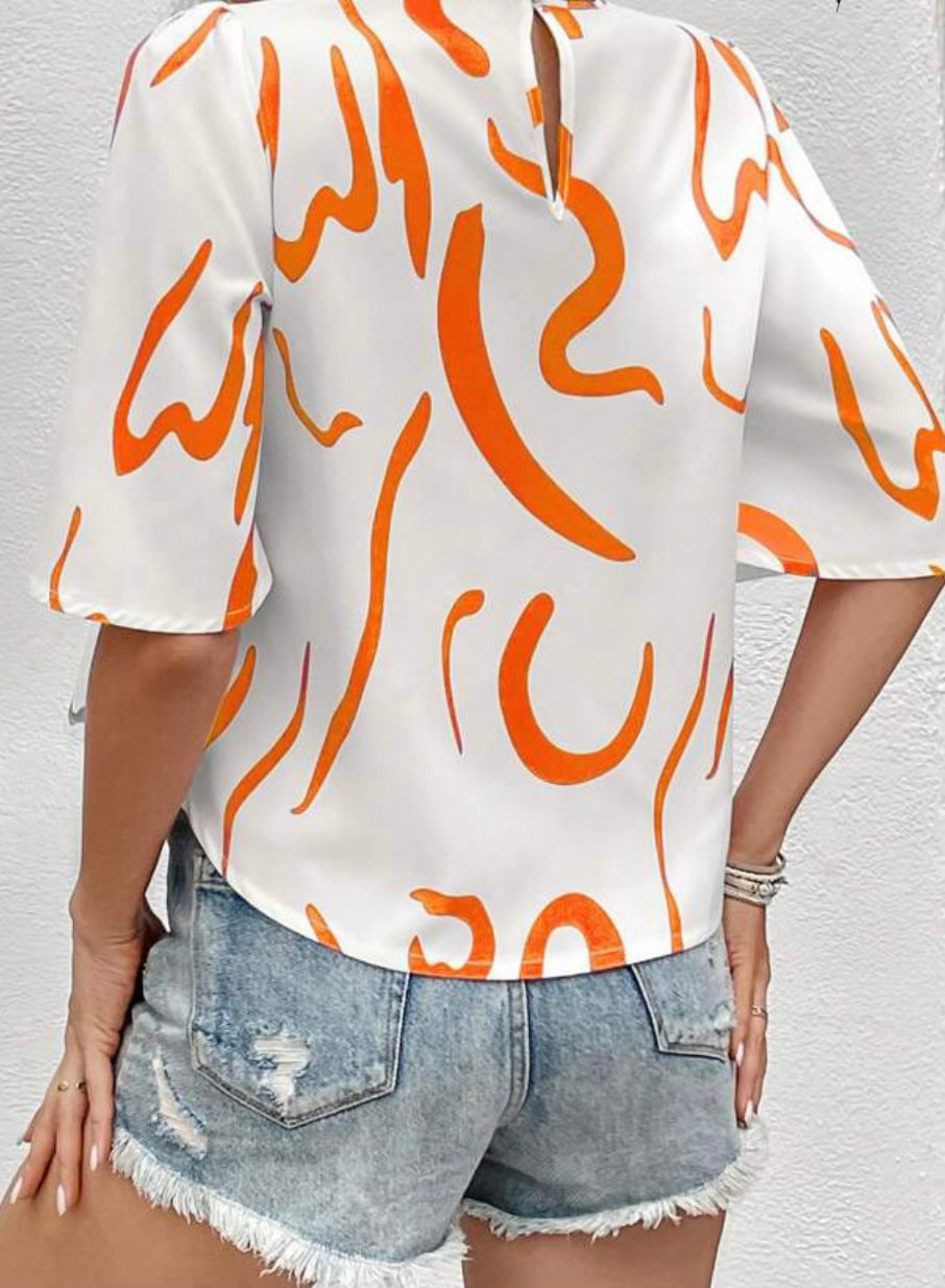 Orange and White Flounce Sleeve Top