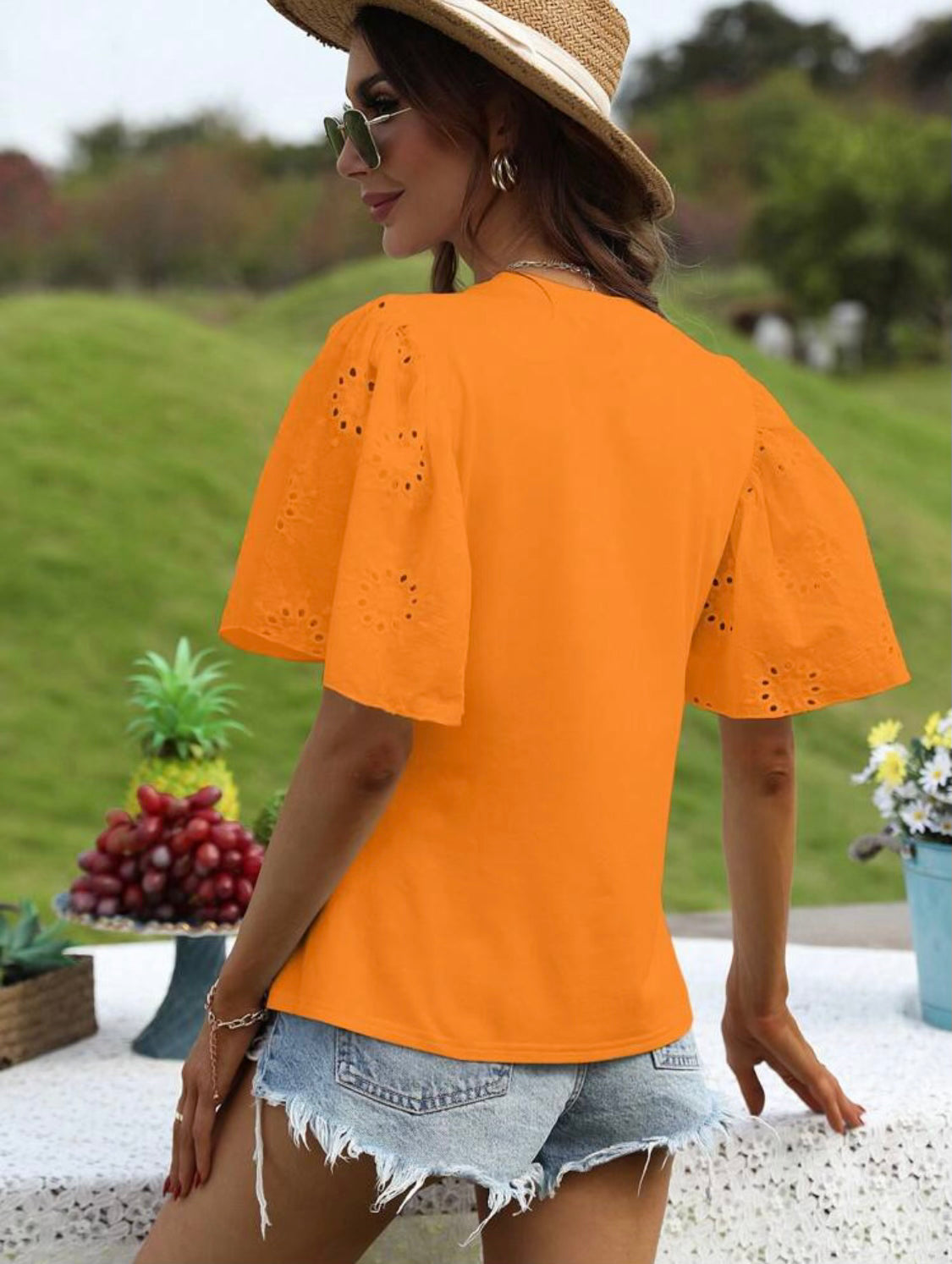 Orange Eyelet Ruffle Sleeve Top