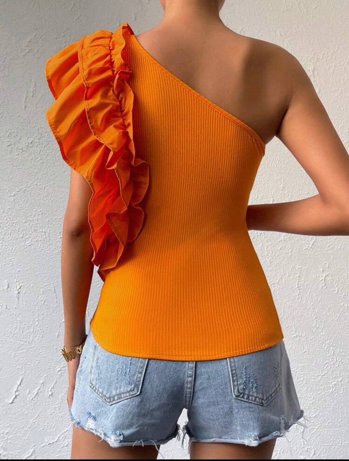 Orange Knit One Shoulder Ruffle