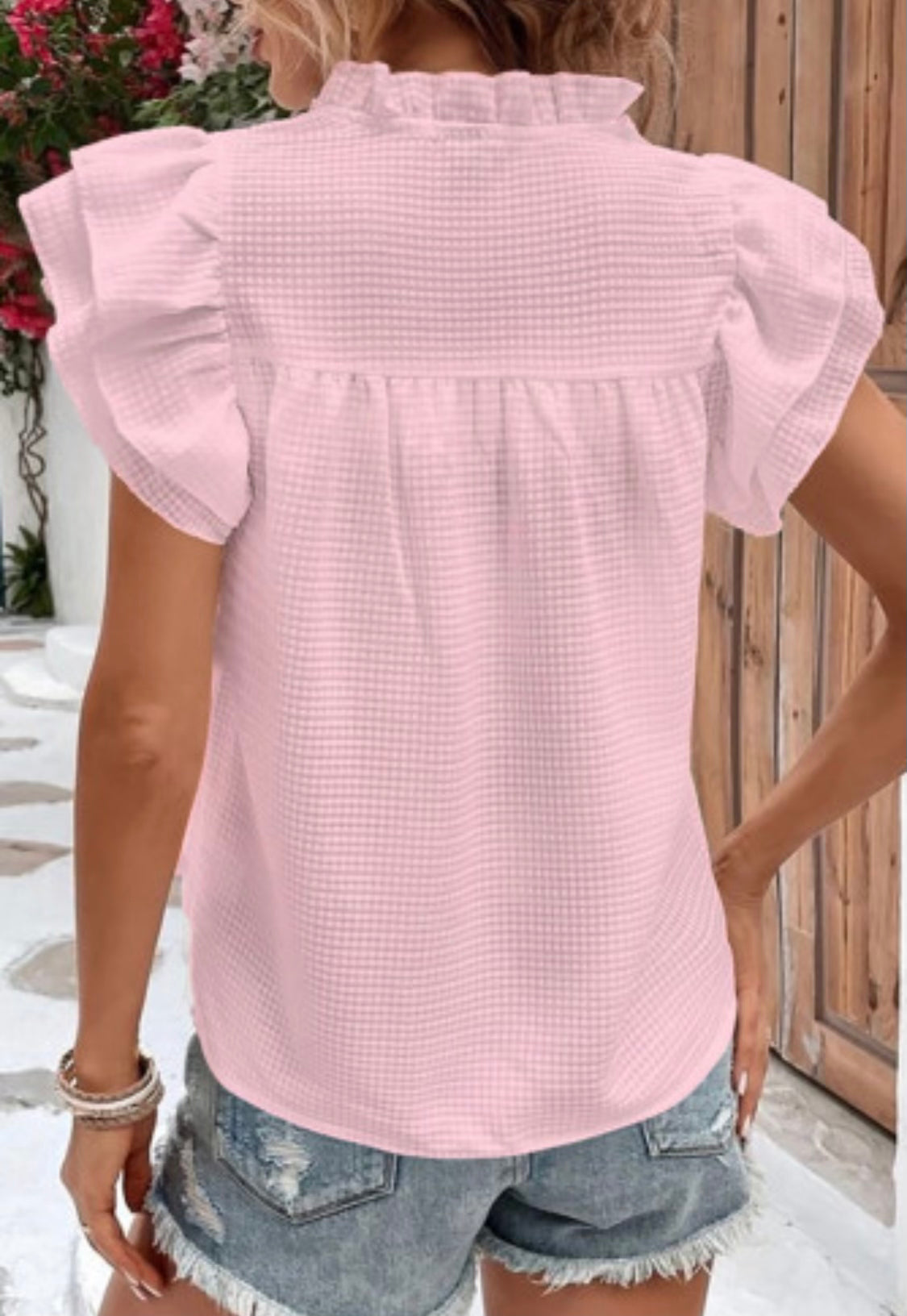 Pink Ruffle Accent Flutter Sleeve Top