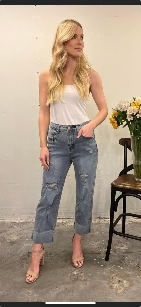 Light Wash Cuff Distressed Jeans