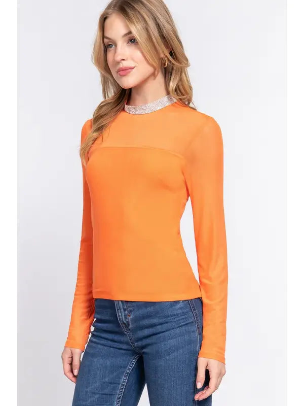 Orange Long Sleeve Mesh Rhinestone Neck