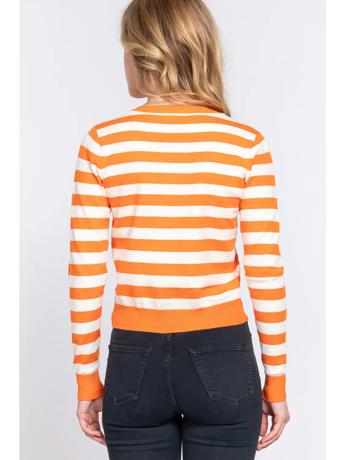 Orange and White Stripe V Neck Sweater