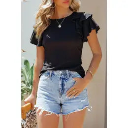 Black Ruffled Short Sleeve Shirt