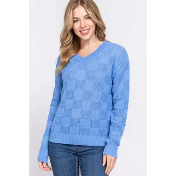 Blue V Neck Textured Sweater