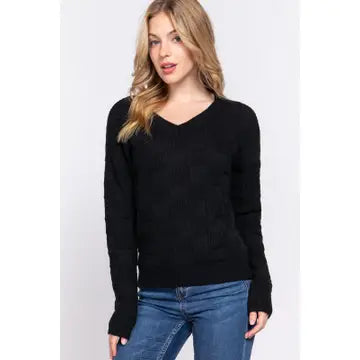 Black V Neck Textured Sweater
