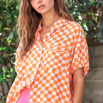 Curvy Checkered Bubble Sleeve Button Up Top