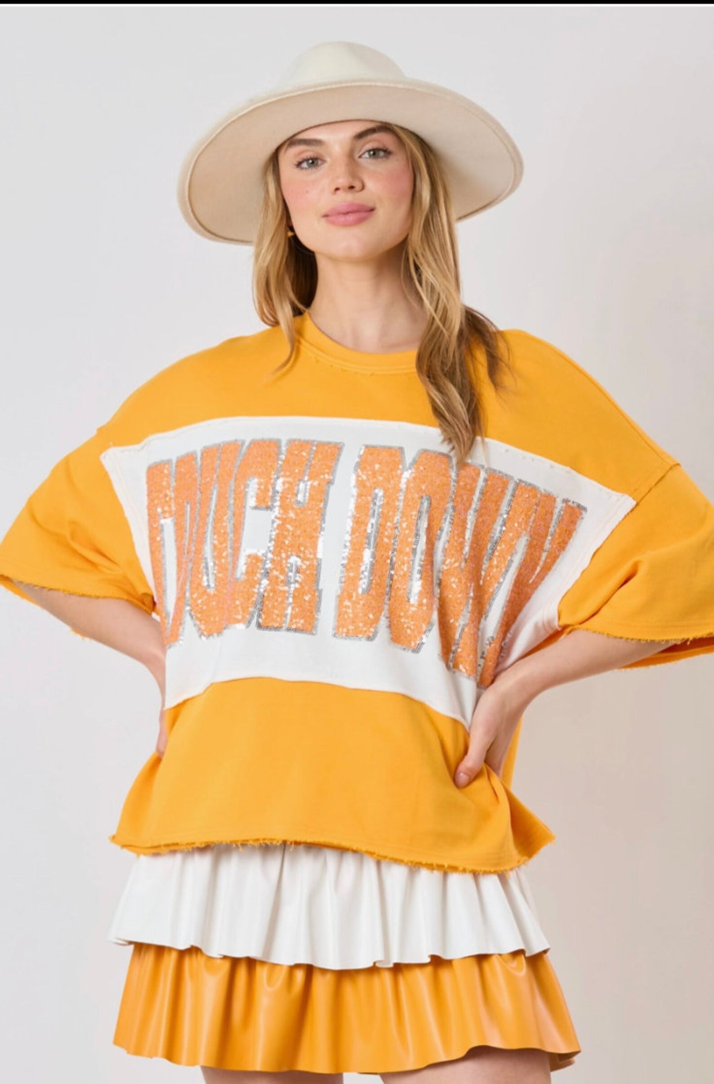 Orange and White Sequin Touch Down Top