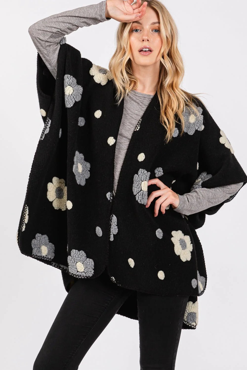 Black and Gray Floral Fleece Kimono