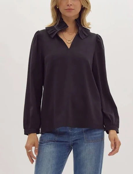 Black Ruffle Neck Blouse