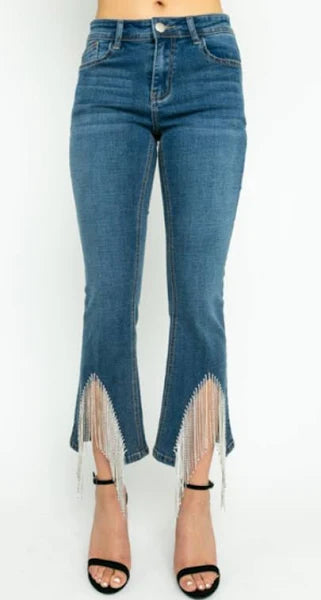 Rhinestone Fringe Hem Flare Denim