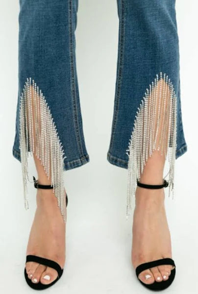Rhinestone Fringe Hem Flare Denim