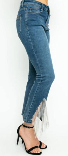 Rhinestone Fringe Hem Flare Denim