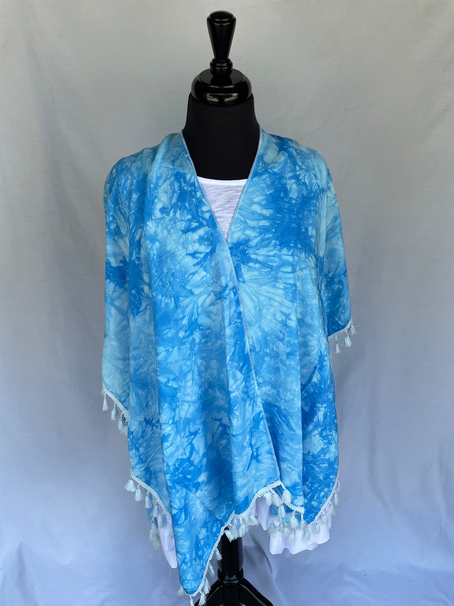 Blue Tie Dyed Kimono With Tassels