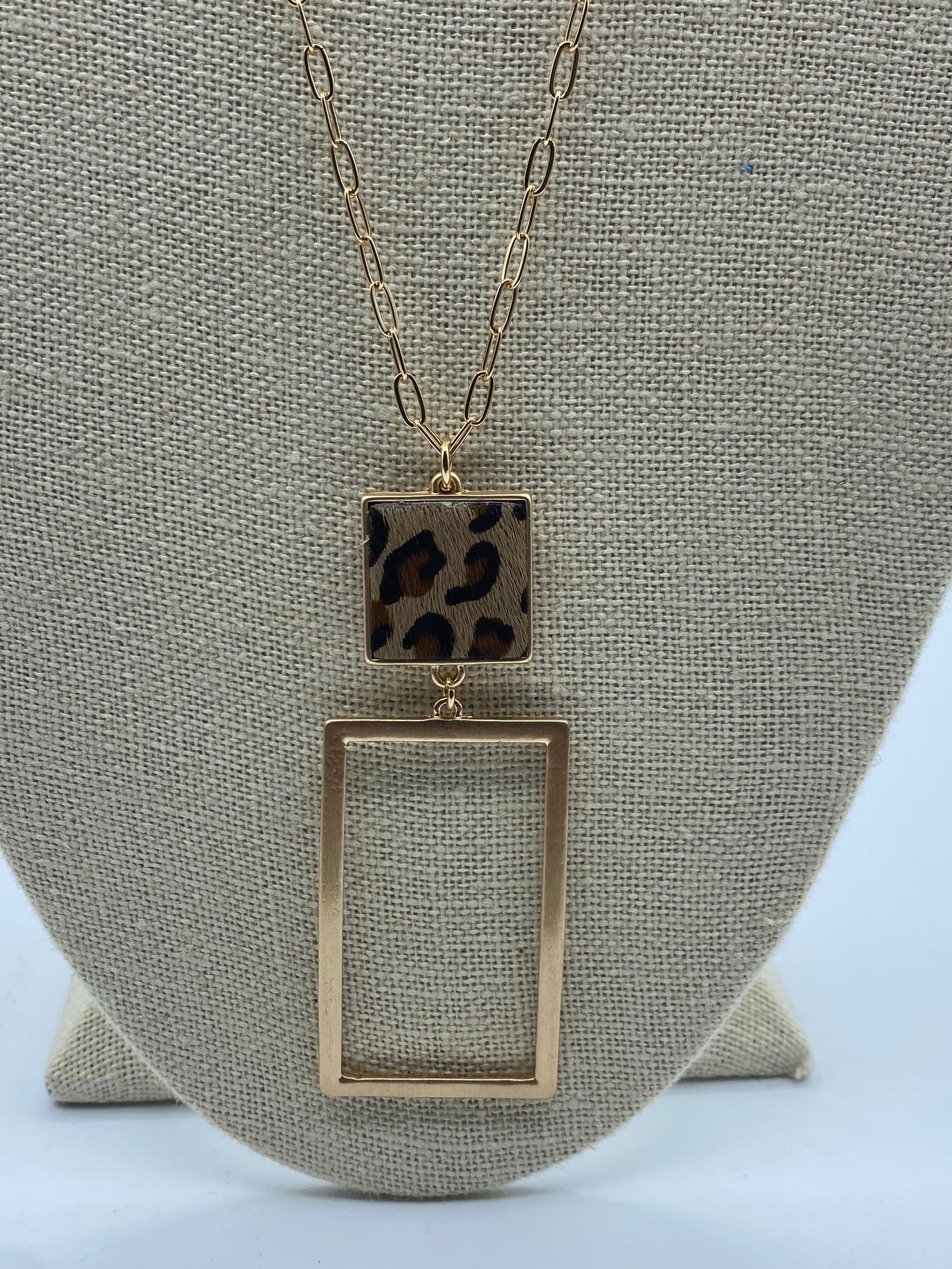 Square Leather and Rectangle Leopard Necklace