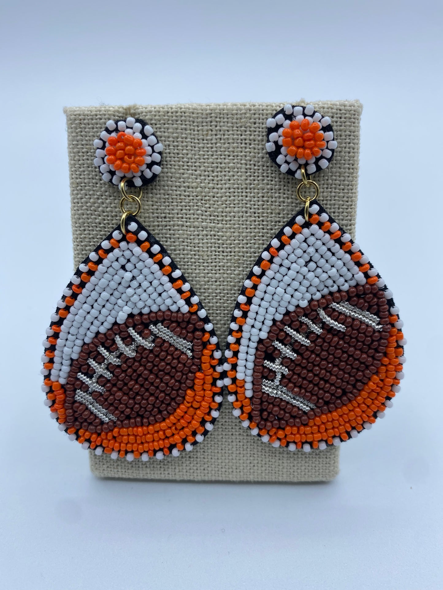 Orange Teardrop Beaded Football Earrings