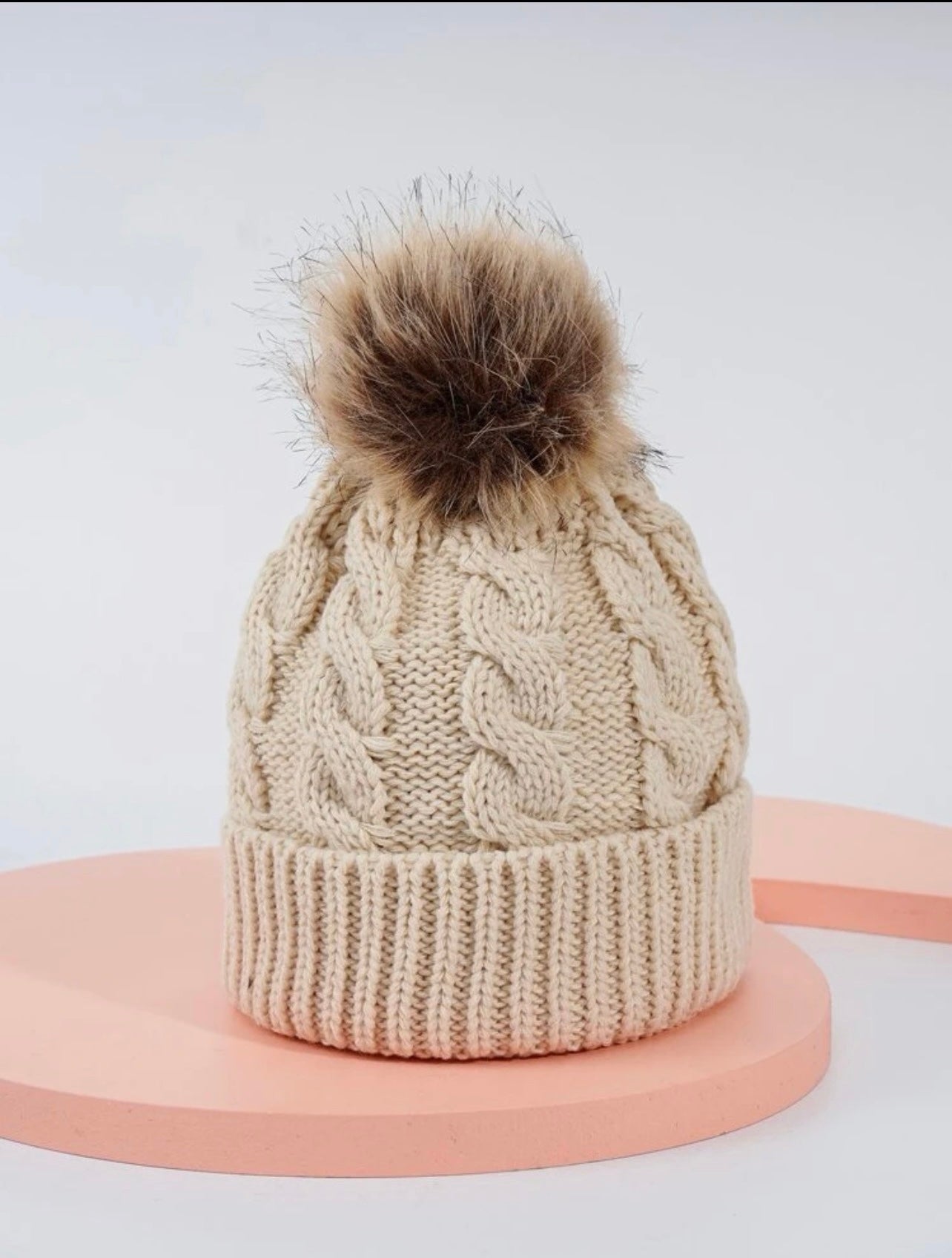 Beige Beanie With Pom Pom