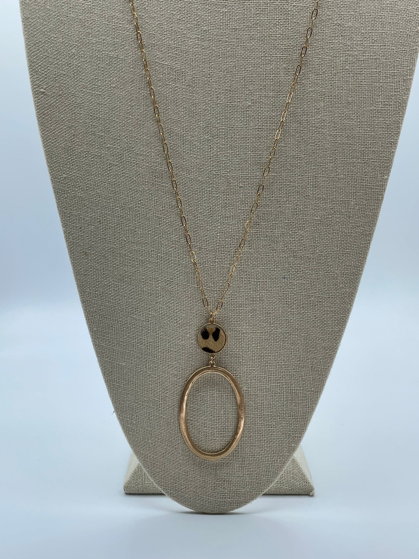 Brushed Gold and Cheetah Oval Necklace