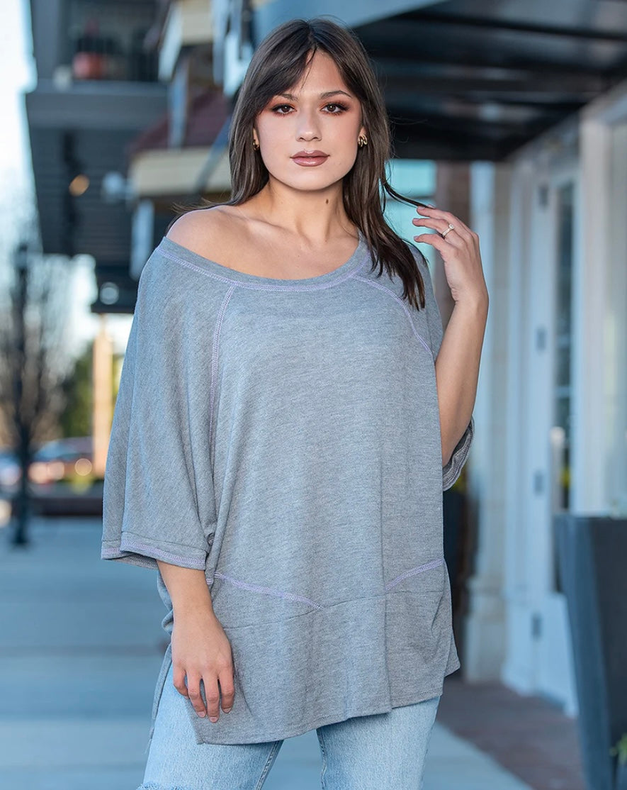 Oversized Raw Edge Grey and Lavender Top