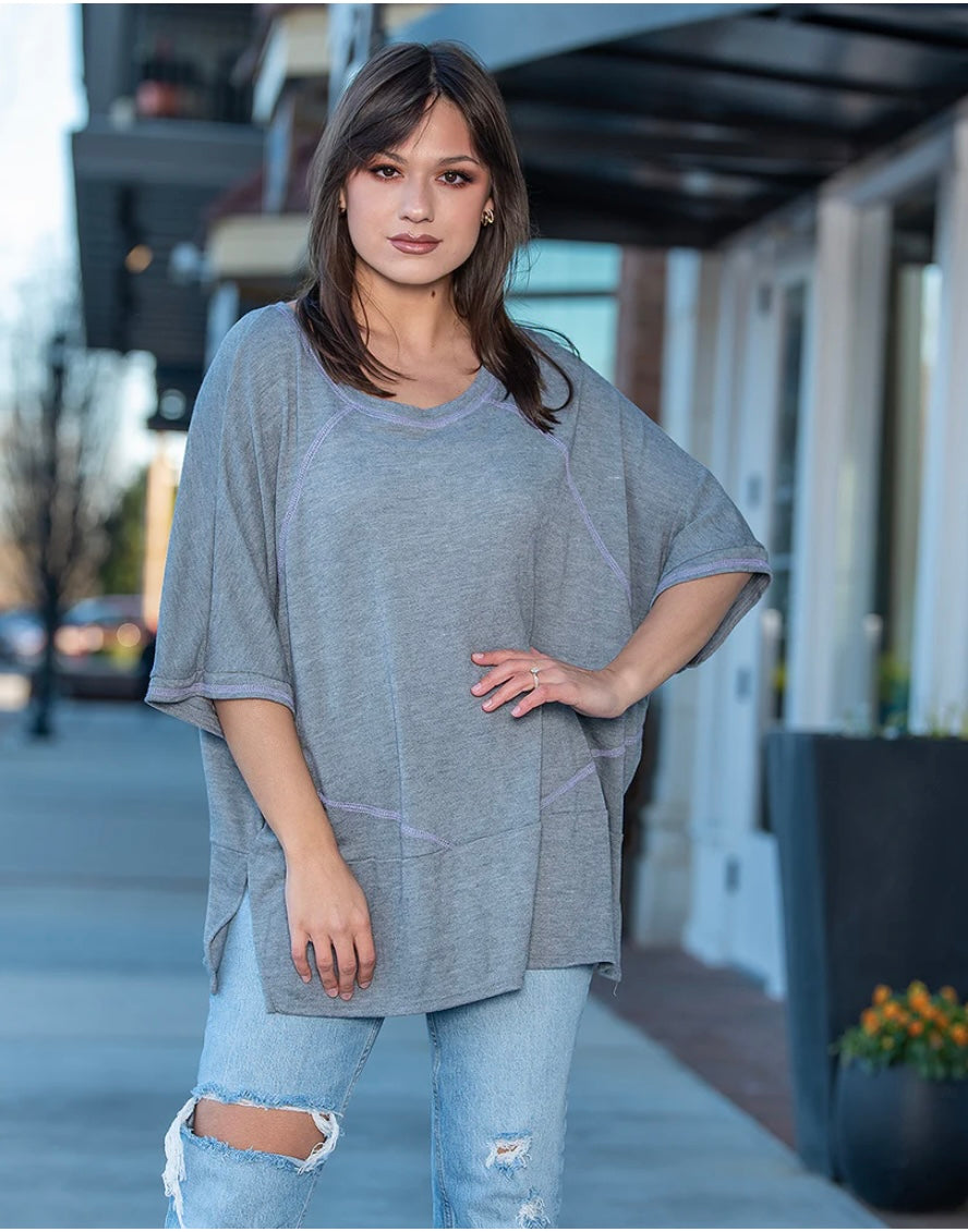 Oversized Raw Edge Grey and Lavender Top
