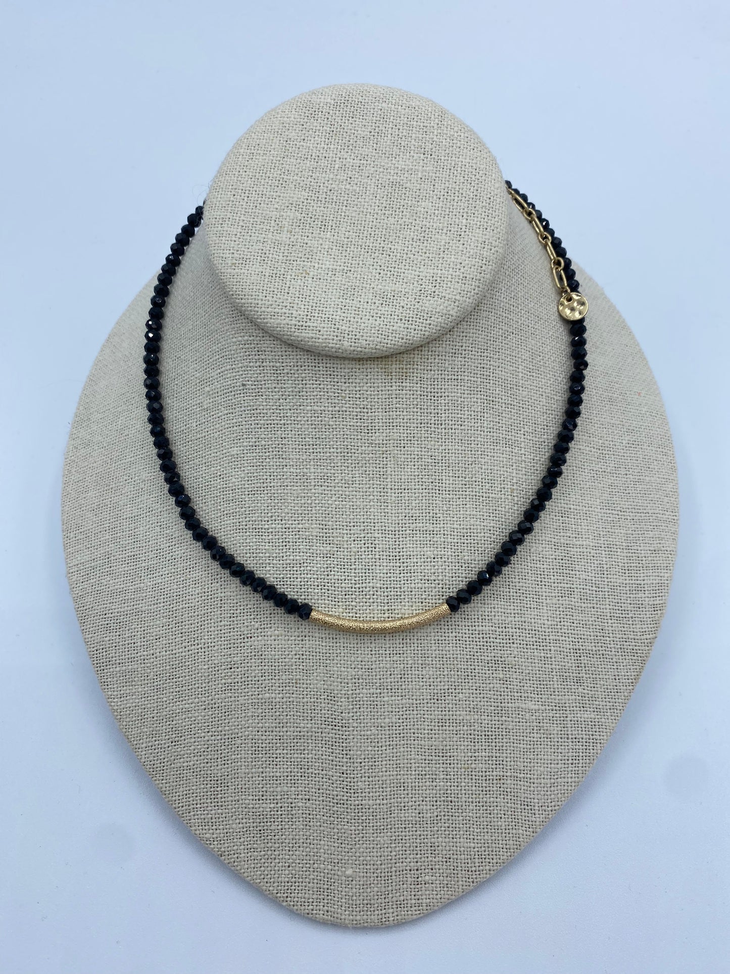 Black Beaded Necklace with Gold Bar