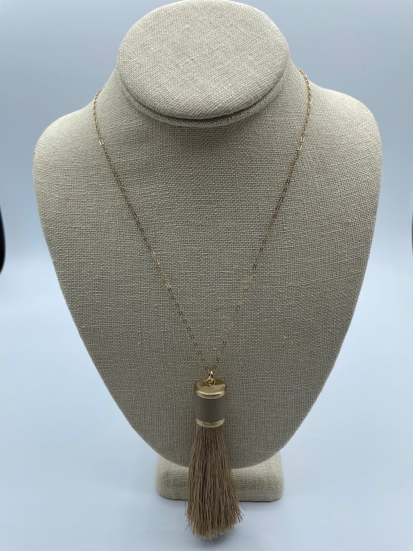 Leather Topped Taupe Tassel Necklace