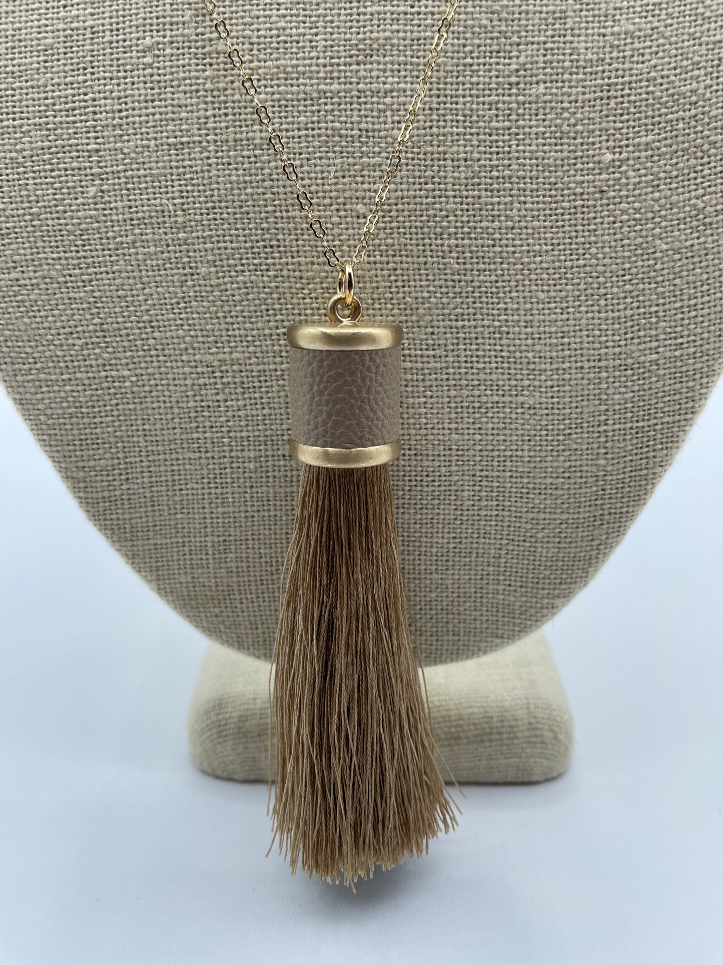 Leather Topped Taupe Tassel Necklace