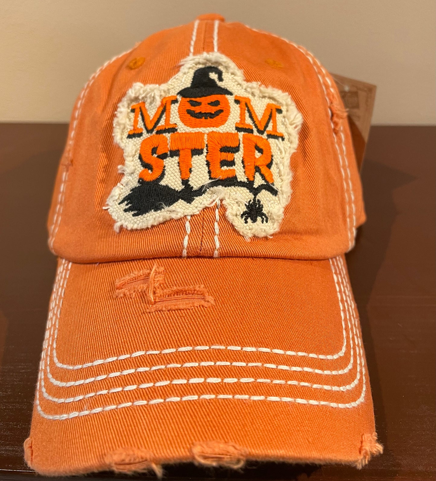 Orange Distressed "Momster" Baseball Hat
